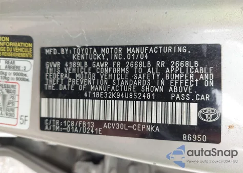 2004 Toyota Camry Le из США, поврежденный, VIN 4T1BE32K94U852481